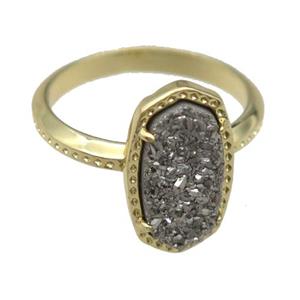 copper Rings with silver Quartz Druzy, gold plated, approx 8-14mm, 18mm dia [GR10199]