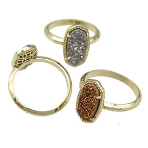 copper Rings with Quartz Druzy, mixed, gold plated, approx 7-14mm, 18mm dia [GR10201]