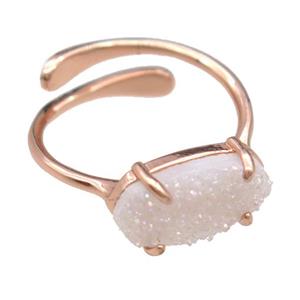 copper Rings with white Quartz Druzy, resizable, rose gold, approx 7-14mm, 18mm dia [GR10211]