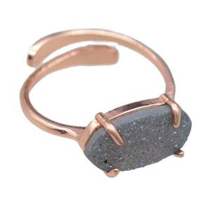 copper Rings with gray Quartz Druzy, resizable, rose gold, approx 7-14mm, 18mm dia [GR10212]