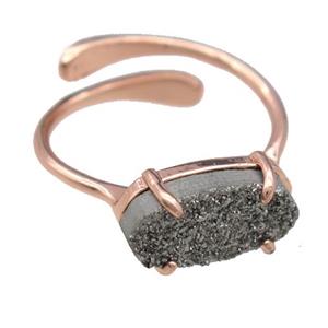 copper Rings with silver Quartz Druzy, resizable, rose gold, approx 7-14mm, 18mm dia [GR10213]