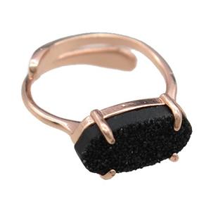 copper Rings with black Quartz Druzy, resizable, rose gold, approx 7-14mm, 18mm dia [GR10214]