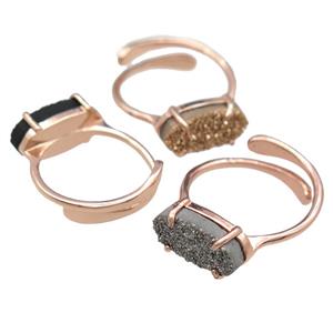 copper Rings with Quartz Druzy, mixed, resizable, rose gold, approx 7-14mm, 18mm dia [GR10215]