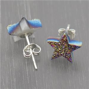 rainbow Quartz Druzy Stud Earrings, Star, approx 10mm [GR10714]