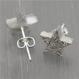 silver Quartz Druzy Stud Earrings, star, approx 10mm [GR10715]