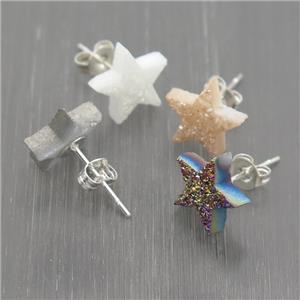 Quartz Druzy Star Stud Earrings, mix color, platinum plated, approx 10mm [GR10716]