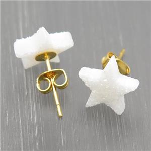 white Star Quartz Druzy Stud Earrings, gold plated, approx 10mm [GR10717]