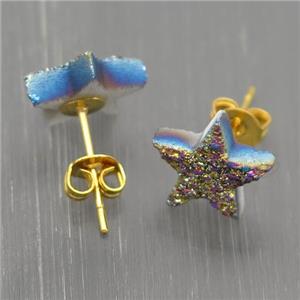 rainbow Quartz Druzy Stud Earrings, Star, approx 10mm [GR10719]