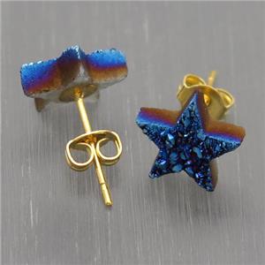blue Quartz Druzy Star Stud Earrings, approx 10mm [GR10720]