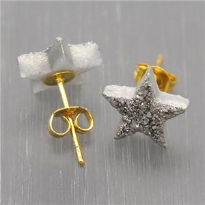 silver Star Quartz Druzy Stud Earrings, approx 10mm [GR10721]