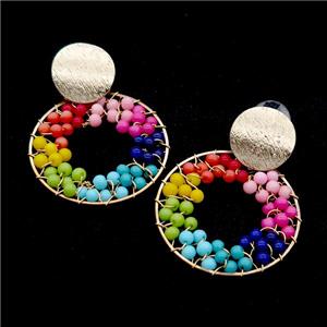 Pearlized Glass Stud Earring Copper Multicolor Wire Wrapped Gold Plated, approx 16mm, 35mm dia [GR10741]