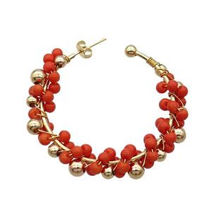 Red Pearlized Glass Copper Stud Earring Gold Plated, approx 3.5mm, 5mm, 45mm dia [GR10751]