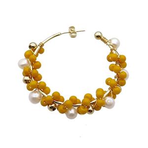 Yellow Pearlized Glass Copper Stud Earring With Pearl Gold Plated, approx 3.5mm, 5mm, 45mm dia [GR10753]