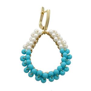 White Blue Pearlized Glass Copper Latchback Earring Gold Plated, approx 3mm, 30-35mm, 12-16mm [GR10756]