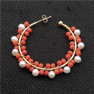 Pearl Copper Stud Earring With Red Crystal Glass Gold Plated, approx 5-6mm, 45mm dia [GR10772]