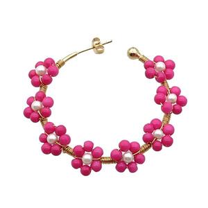 Hotpink Pearlized Glass Copper Stud Earring Gold Plated, approx 10mm, 40mm dia [GR10781]