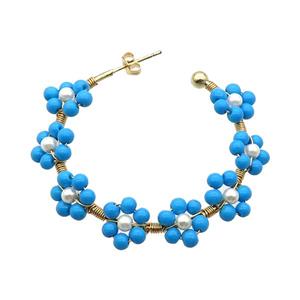 Blue Pearlized Glass Copper Stud Earring Gold Plated, approx 10mm, 40mm dia [GR10783]