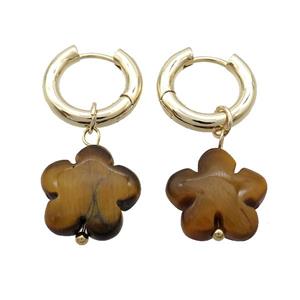 Tiger Eye Stone Flower Copper Hoop Earring Gold Plated, approx 16mm, 16mm dia [GR10824]