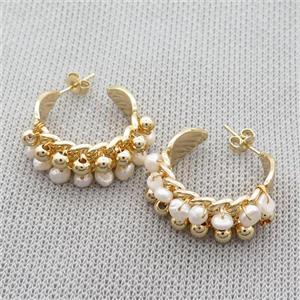White Pearl Copper Stud Earring Gold Plated, approx 4mm, 28mm dia [GR10829]