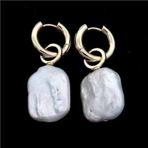 White Pearl Copper Hoop Earring Gold Plated, approx 15-20mm, 16mm dia [GR10850]