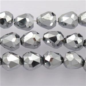 Chinese Crystal Glass Beads, faceted teardrop, platinum plated, approx 7-9mm, 60pcs per st [GS1583]