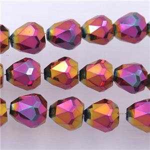Chinese Crystal Glass Beads, faceted teardrop, purple electroplated, approx 7-9mm, 60pcs per st [GS1589]