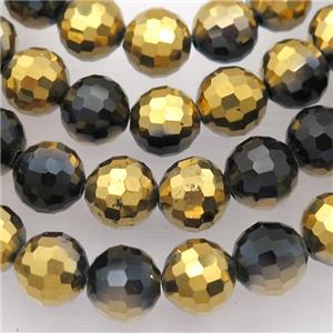 black Chinese Crystal Glass Beads, faceted round, half gold plated, approx 12mm, 50pcs per st [GS1604-12MM]