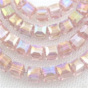 Chinese Crystal Glass Beads, faceted cube, pink AB-color, approx 7.5mm, 98pcs per st [GS1826]