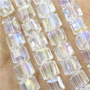 Chinese Crystal Glass Beads, faceted cube, clear AB-color, approx 7.5mm, 98pcs per st [GS1827]