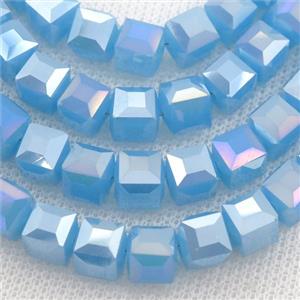 Jadeite Glass Beads, faceted cube, blue AB-color, approx 7.5mm, 98pcs per st [GS1828]