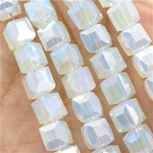 Jadeite Glass Beads, faceted cube, white opalited, approx 7.5mm, 98pcs per st [GS1829]