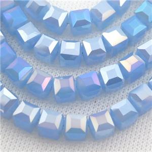 Jadeite Glass Beads, faceted cube, blue AB-color, approx 7.5mm, 98pcs per st [GS1830]