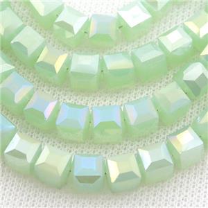 Jadeite Glass Beads, faceted cube, green AB-color, approx 7.5mm, 98pcs per st [GS1831]