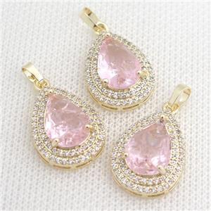 copper teardrop pendant paved zircon with pink crystal glass, approx 16-21mm [GS1852]