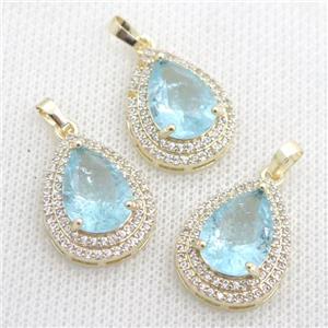 copper teardrop pendant paved zircon with blue crystal glass, approx 16-21mm [GS1854]