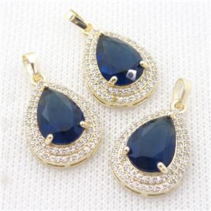 copper teardrop pendant paved zircon with darkblue crystal glass, approx 16-21mm [GS1856]