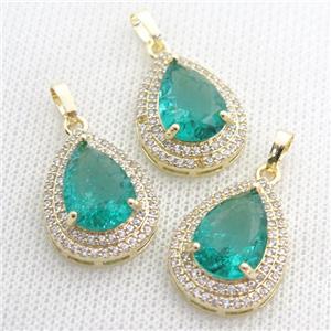 copper teardrop pendant paved zircon with green crystal glass, approx 16-21mm [GS1857]