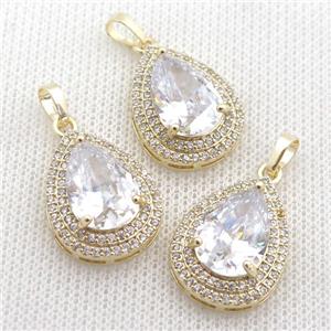 copper teardrop pendant paved zircon with clear crystal glass, approx 16-21mm [GS1862]