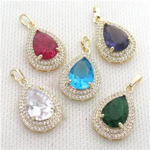 copper teardrop pendant paved zircon with crystal glass, mix, gold plated, approx 16-21mm [GS1864]