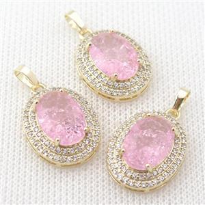 copper oval pendant paved zircon with pink crystal glass, approx 16-21mm [GS1870]