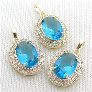 copper oval pendant paved zircon with skyblue crystal glass, approx 16-21mm [GS1871]
