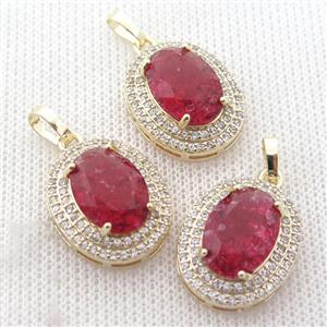 copper oval pendant paved zircon with red crystal glass, approx 16-21mm [GS1872]
