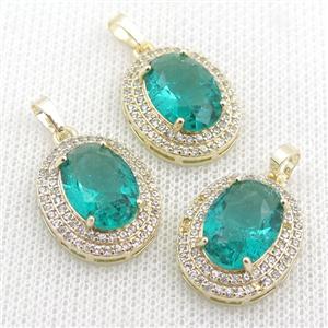 copper oval pendant paved zircon with green crystal glass, approx 16-21mm [GS1873]