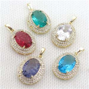 copper oval pendant paved zircon with crystal glass, mix, gold plated, approx 16-21mm [GS1875]