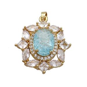 Copper Flower Pendant Pave Blue Crystal Glass Gold Plated, approx 25-28mm [GS2606]