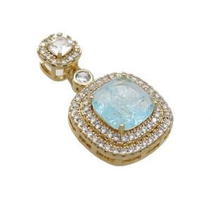 Copper Square Pendant Pave Aqua Crystal Glass Gold Plated, approx 17mm, 8mm [GS2616]
