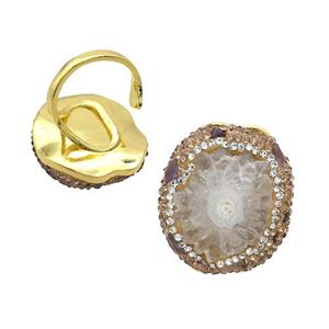 White Quartz Druzy Ring Pave Rhinestone Gold Plated, approx 25-30mm, 18mm dia [GS2696]