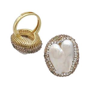 Pearl Ring Pave Rhinestone Adjustable Gold Plated, approx 20-25mm, 18mm dia [GS2697]