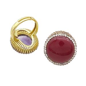 Red Agate Ring Pave Rhinestone Adjustable Gold Plated, approx 20-24mm, 18mm dia [GS2699]