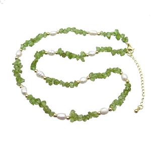 Green Peridot Necklace With Pearl, approx 3-6mm, 40-45cm length [GS2704]